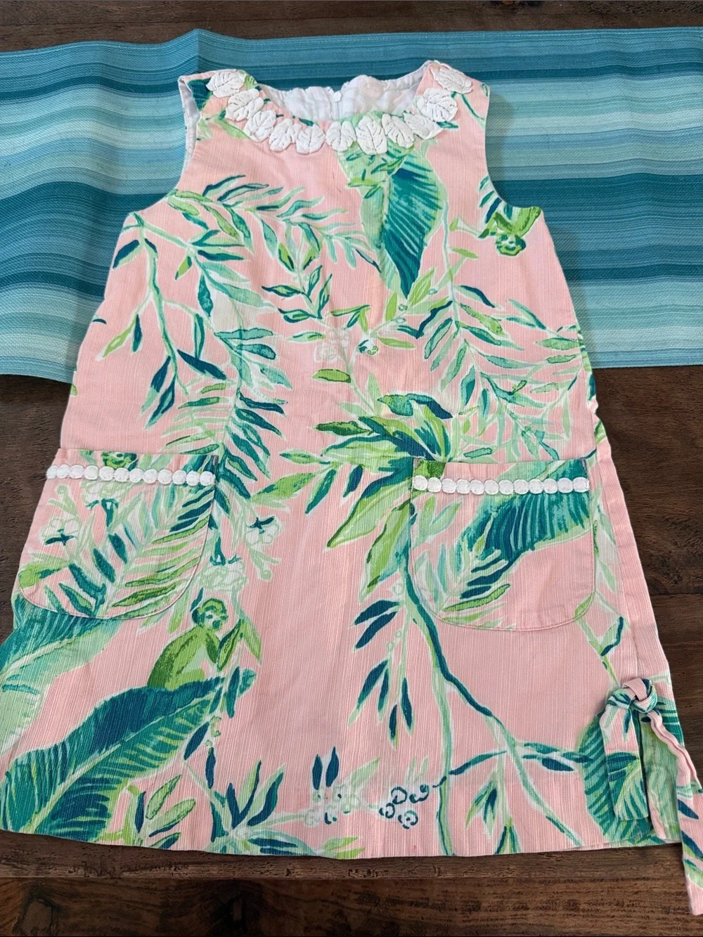 Lilly Pulitzer Pink Tropical Leaf Shift dress with Pocket/ Neckline Embroidery